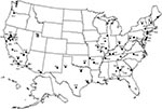 Thumbnail of Location of presumed mosquito-borne malaria cases reported from 1957-1994. Each point denotes the location of the episode, the species identified (V = Plasmodium vivax, F = P. Falciparum, M = P. malariae and S = P. sp.), and year of occurance.