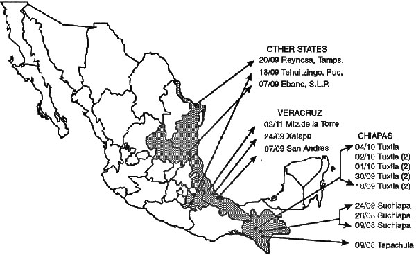 Geographic and temporal distribution of DEN-3 serotype in Mexico.