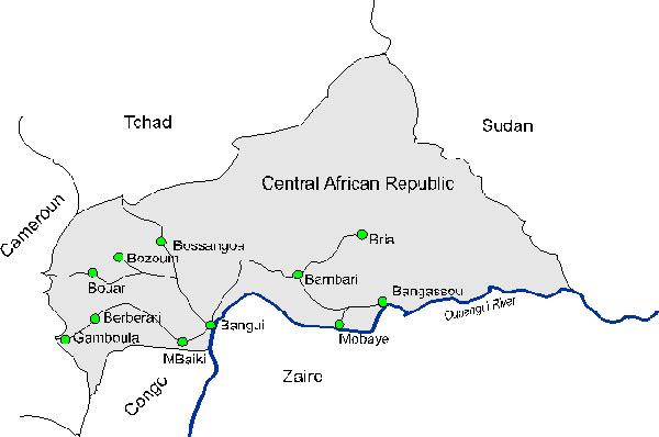 Map of the Central African Republic with location of sentinel sites.