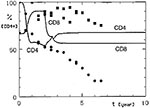 Thumbnail of Simulated CD4+ and CD8+ lymphocyte dynamics after permanent treatment with anti-CD8 antibodies started 2 years after the acquisition of the HIV infection. Cells mediating the protective anti-HIV immune reaction are not affected by this treatment ([[INLINEGRAPHIC('96-0405-M2')]]R = 0.007, C = 0.0).