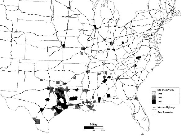 Apparent relationship between the early dispersal of Aedes albopictus and the U.S. interstate highway system, 1985-1987. Map generated by merging EpiInfo database into the Atlas geographic information system.