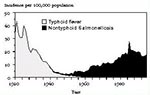 Thumbnail of Reported incidence of typhoid fever and nontyphoidal salmonellosis in the United States, 1920-1995.