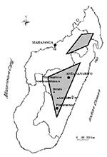 Thumbnail of Plague foci in Madagascar. The plague-endemic zones are in the gray areas and in the port of Mahajanga.