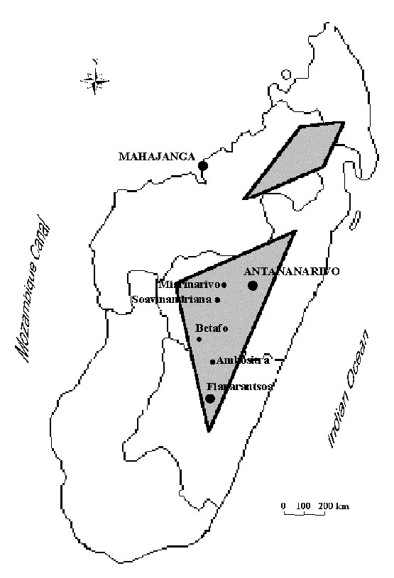 Plague foci in Madagascar. The plague-endemic zones are in the gray areas and in the port of Mahajanga.