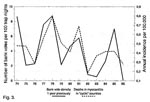 Thumbnail of Myocarditis deaths, 1974–1986 relative to bank vole abundance 1 year previously (vole data from 1973-1985). Untransformed data.