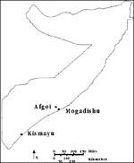 Thumbnail of Map of Somalia showing towns from which dengue viruses were recovered.