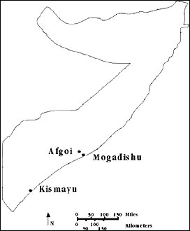 Map of Somalia showing towns from which dengue viruses were recovered.