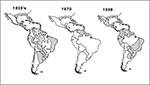Thumbnail of Geographic distribution of Aedes aegypti in the Americas, 1930s, 1970, and 1998.