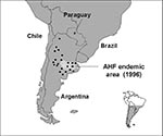 Thumbnail of Distribution of the corn mouse, Calomys musculinus (dots; 20), and disease-endemic area of Argentine hemorrhagic fever (AHF) (shaded).