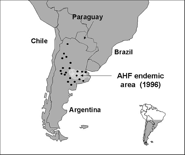 Distribution of the corn mouse, Calomys musculinus (dots; 20), and disease-endemic area of Argentine hemorrhagic fever (AHF) (shaded).