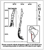 Thumbnail of Geographic distribution of hantavirus pulmonary syndrome cases, Chile, 1995-1998.