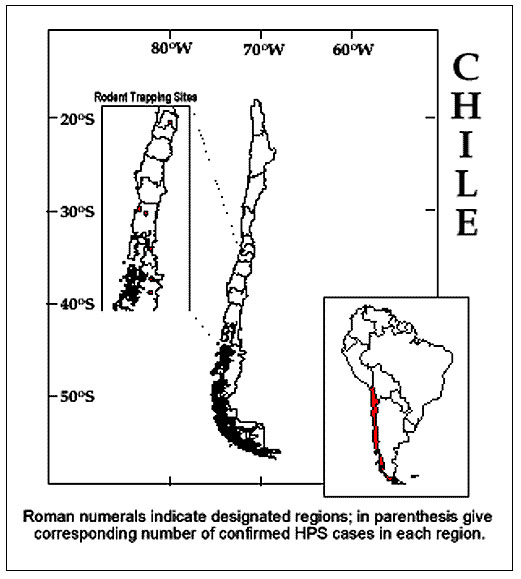 Geographic distribution of hantavirus pulmonary syndrome cases, Chile, 1995-1998.
