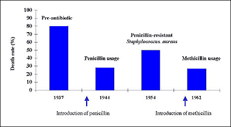 Death rate of staphylococcal bacteremia over time. (Data from 46, 47.)