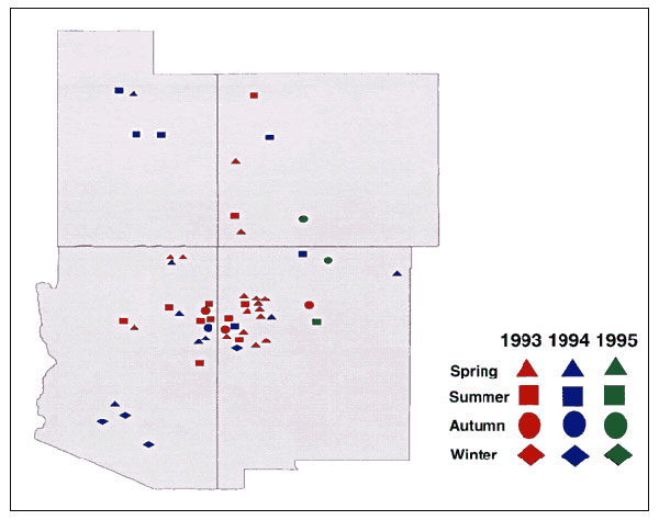 Hantavirus pulmonary syndrome cases in the Four Corners region, by probable exposure site location, 1993–1995 (n = 53 cases and 52 exposure sites).