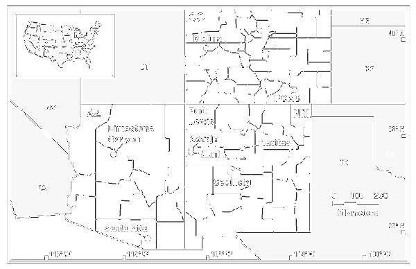 Geographic locations of nine sites where mark-release-recapture webs are being operated to study rodent reservoirs of hantaviruses in a three- state area of the southwestern United States. PCMS=Pinyon Canyon Maneuver Site (U.S. Army).