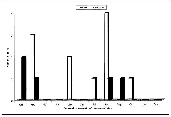 Approximate month of seroconversion in Peromyscus species at Fort Lewis and Molina, Colorado, June 1994–October 1997, by sex.
