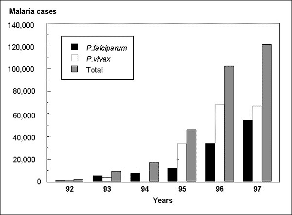 Malaria incidence in Loreto, 1992–1997.
