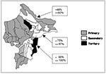Thumbnail of Initial Plasmodium falciparum malaria treatment schemes in Loreto by district. Treatment efficiency* (cases cured/cohort number x 100) and efficacy** (cases cured/[cases cured + resistant cases] x 100) shown for each treatment scheme region. Treatment schemes: Primary-chloroquine; secondary-pyrimethamine-sulfadoxine; tertiary-quinine.