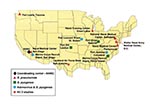 Thumbnail of Department of Defense medical treatment facilities and recruit training camps participating in surveillance for emerging respiratory disease pathogens: invasive Streptococcus pneumoniae (typing and antibiotic sensitivity studies); Streptococcus pyogenes (typing and antibiotic sensitivity studies); and adenovirus (typing studies).