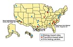 Thumbnail of Military sites in the United States participating in Department of Defense influenza surveillance. The focus of surveillance at etiology-based sites is to determine the viral causes of influenzalike illnesses; the focus of population-based sites is to closely monitor for influenzalike illness epidemics.