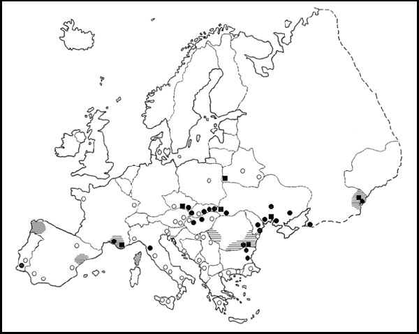 European distribution of West Nile virus, based on the virus isolation from mosquitoes or vertebrates, including humans (black dots), laboratory-confirmed human or equine cases of West Nile fever (black squares), and presence of antibodies in vertebrates (circles and hatched areas).