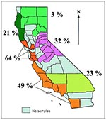 Thumbnail of Bartonella vinsonii subsp. berkhoffii seroprevalence in 869 California coyotes (1994–1998).