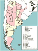 Thumbnail of Sites of rodent trapping and human cases in three hantavirus pulmonary syndrome-endemic zones in Argentina.