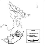 Thumbnail of Geographic distribution of outbreak-related acute cases of toxoplasmosis in the Capital Regional District, Vancouver Island, British Columbia, 1995 (n = 94).
