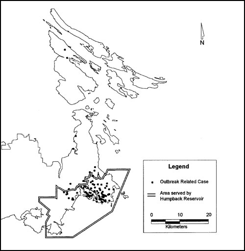 Geographic distribution of outbreak-related acute cases of toxoplasmosis in the Capital Regional District, Vancouver Island, British Columbia, 1995 (n = 94).
