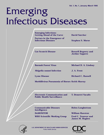 Image of the first cover used on the front of the Emerging Infectious Diseases journal.   