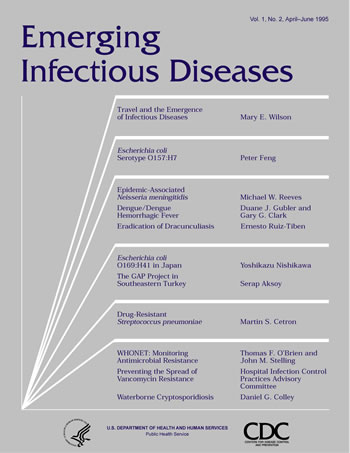 Image of the  cover used on the front of the Emerging Infectious Diseases journal for volume 1 issue 2.   