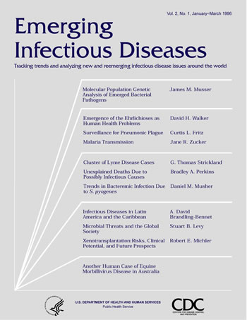 Image of the cover used on the front of the Emerging Infectious Diseases journal for volume 2 issue 1.   