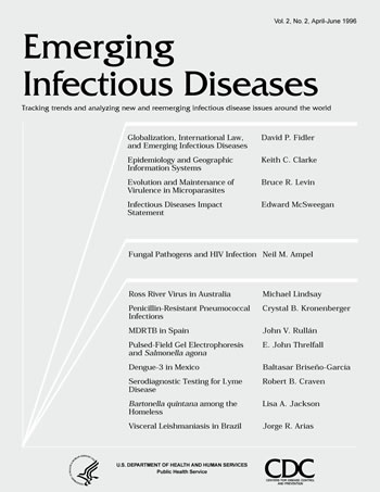 Image of the cover used on the front of the Emerging Infectious Diseases journal for volume 2 issue 2.   