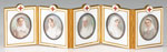Thumbnail of Concealed inside this egg is a hinged, folding screen that displays 5 miniature portraits of the tsar’s mother, sister, daughters, and cousin wearing Red Cross uniforms. Each portrait is encased in white enamel, mounted in gold, and backed with mother of pearl. The screen is signed by craftsman Vassilii Zuiev.