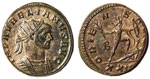 Thumbnail of Antoninianus (2 denarii silvered bronze coin) of the Roman emperor Aurelian, 274-275 CE. Obverse:  IMP AVRELIANVS AVG [(Emperor Aurelian Augustus] Crowned and cuirassed bust of Aurelian facing right.  Reverse:  ORIENS AVG [Eastern (rising) sun Augustus]. Crowned figure of Sol Invictus [Unconquered Sun] holding laurel branch and bow, stepping on conquered enemy.  Private collection, Atlanta, Georgia.  Photography by Will Breedlove.