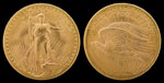 Double Eagle, US $20 gold (fineness 0.9000) coin, 34 mm, 33.436 g, designed by Augustus Saint-Gaudens, 1907. Obverse: Bas relief representation of Liberty, personified by a tall, robed woman striding forward, bearing a torch in her right hand and an olive branch in her left hand. Rays of a sunrise in the background. Reverse: Young eagle in flight, silhouetted by the rays of a sunrise. National Numismatic Collection, National Museum of American History, Washington, DC, USA. Photograph by Jaclyn Nash.