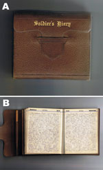 Thumbnail of A) Front cover and B) entry of a diary from a soldier on board His Majesty’s New Zealand Transport Tahiti during a period of pandemic influenza, July 10, 1918, through January 31, 1919.