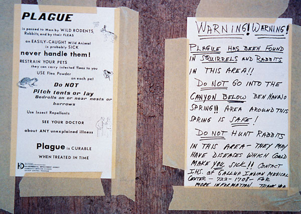 Plague warning signs posted in regions where plague has been discovered. In remote areas with little human habitation, the most appropriate action may be to post signs on the roads entering the epizootic area to warn people, and provide information on personal protection and plague prevention. Photo, CDC, 1993.