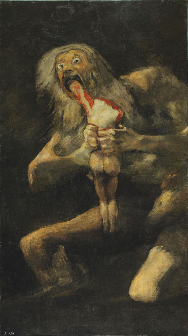 Francisco Goya (1746–1828), Saturn Devouring His Son, 1819–1823, oil mural transferred to canvas, via Wikimedia Commons.