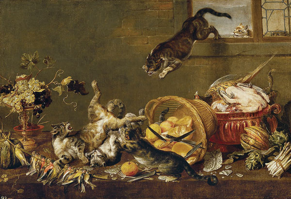 Paul de Vos, Cats Fighting in a Larder 1630–1640. Oil on canvas. Museo Nacional del Prado. https://www.museodelprado.es/coleccion/galeria-on-line/galeria-on-line/obra/pelea-de-gatos-en-una-despensa/, Public Domain, https://commons.wikimedia.org/w/index.php?curid=39117357