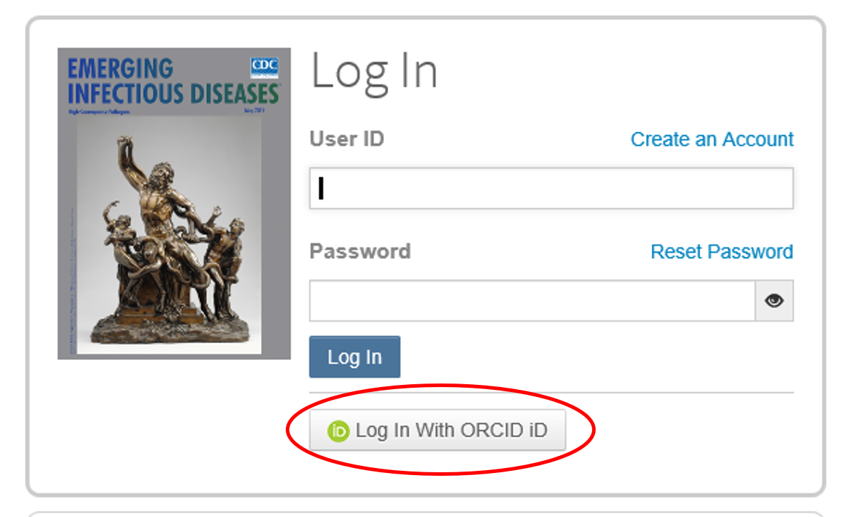 Login page for ScholarOne featuring login for ORCID iD